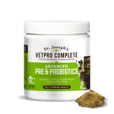 VetPro Complete probiotics powder tub for dog gut health and daily digestion.