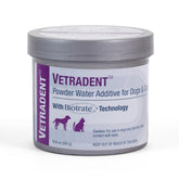 Vetradent powder water additive tub shown for easy tartar management in pets.