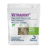 Vetradent Veggie Dental Chews packaging closeup for small dogs, easy to store.