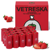 VETRESKA strawberry scented poop bag box improves odor control for pet waste.