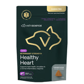 VetriScience Healthy Heart Chews bottle on counter suggests convenient pet heart support.