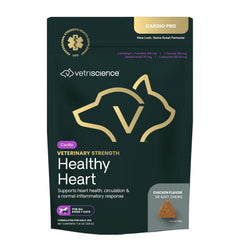 VetriScience Healthy Heart Chews bottle on counter suggests convenient pet heart support.
