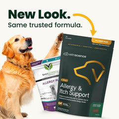 Close-up of VetriScience chews highlighting duck flavor and gentle allergy support.