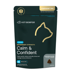 VetriScience Calm & Confident Chews for cats packaging front signaling easy calming support.