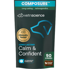 VetriScience Calm & Confident chews in a bottle, supporting calm behavior in dogs.