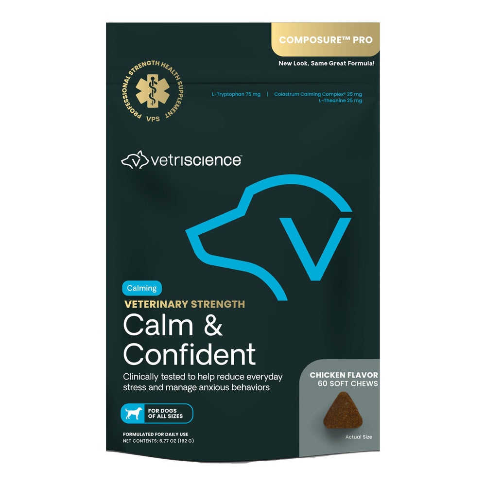 VetriScience Calm & Confident chews, pouch open, supporting calm during stressful moments.