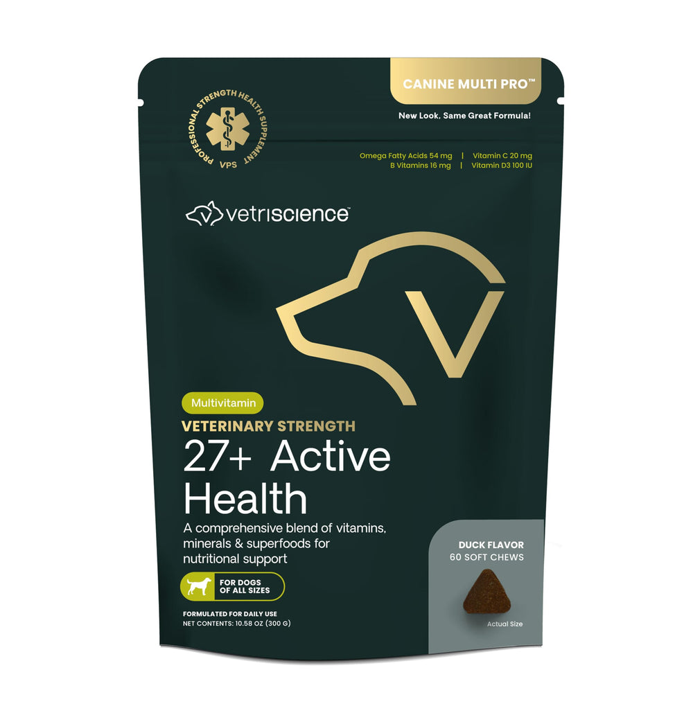 VetriScience duck-flavor bottle front showing a tasty daily chew for canine vitality