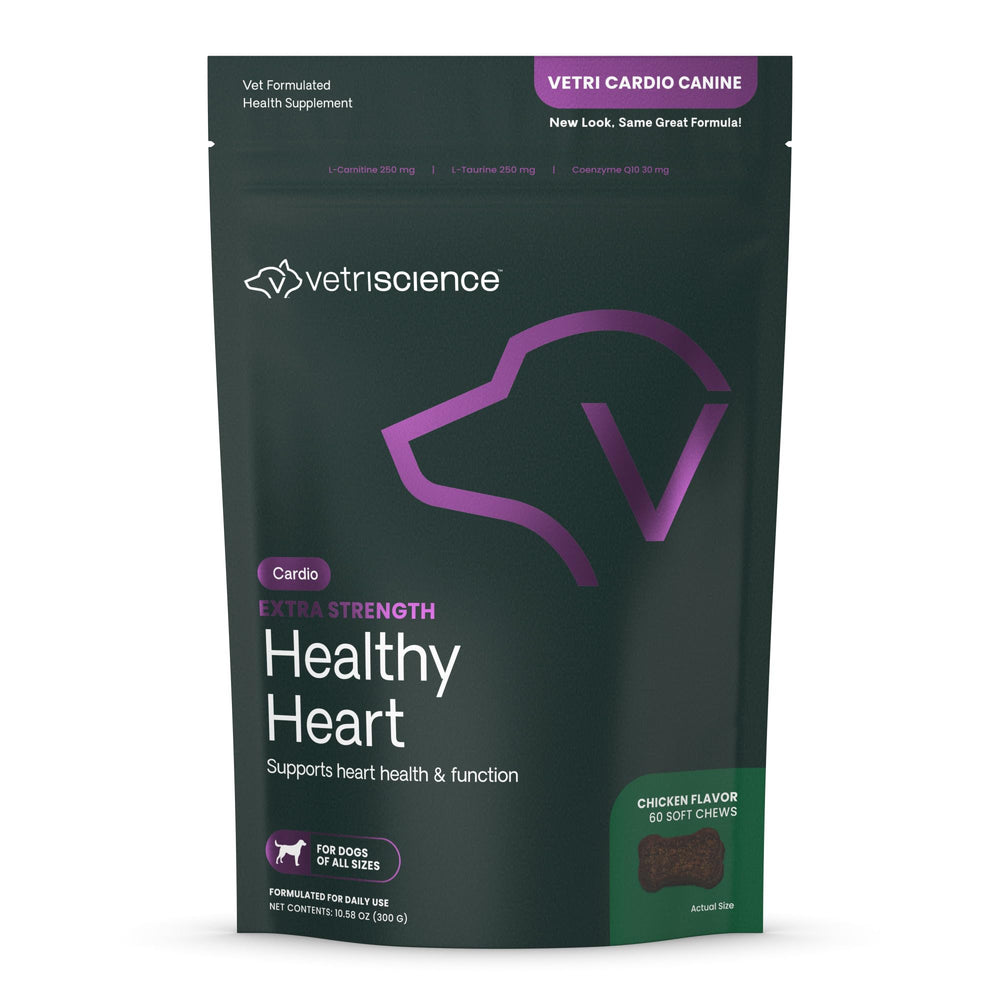 VetriScience Extra Strength Healthy Heart chews in bottle support canine heart health.