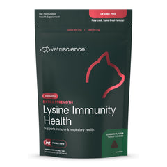 VetriScience Extra Strength Lysine Immunity Chews bottle front for convenient feline immune support.