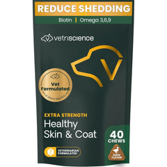 VetriScience Extra Strength Skin & Coat chews bottle label highlighting omega-3 support for dogs