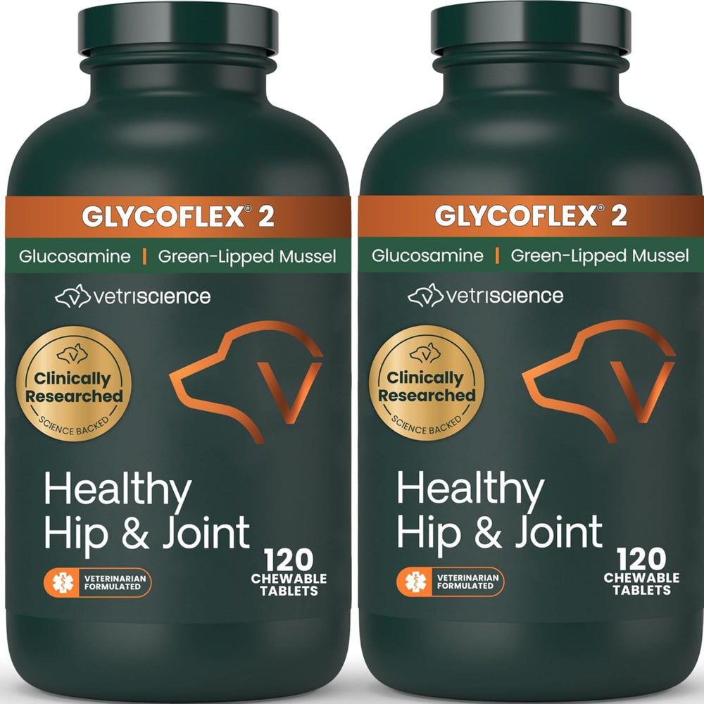 VetriScience GlycoFlex 2 bottle packaging signals reliable hip and joint support for dogs.
