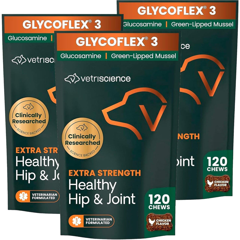 VETRISCIENCE GlycoFlex 3 bottle of chews supports mobility for active dogs.