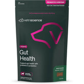 VetriScience Gut Health Chews bottle shows daily probiotic support for dogs.