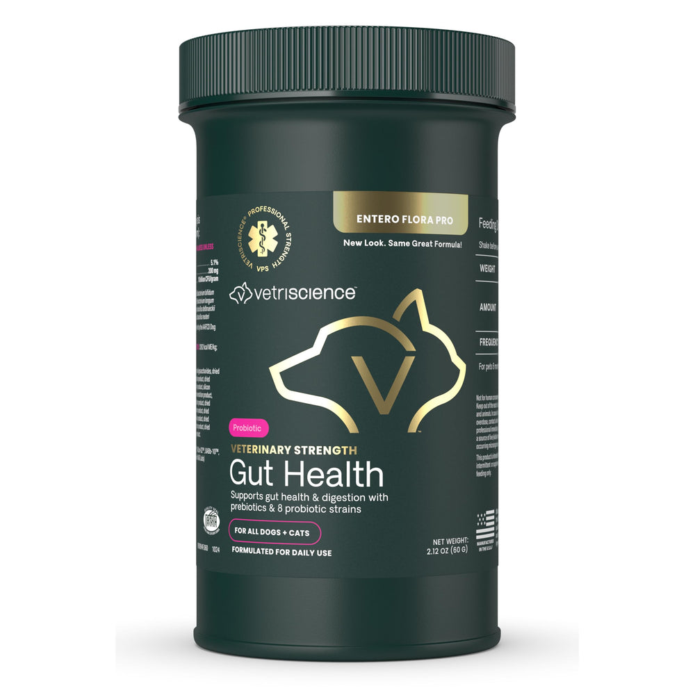 VetriScience Gut Health Powder tub closeup shows tasteless probiotic formula for pets.