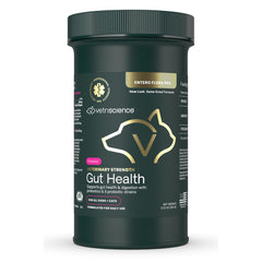 VetriScience Gut Health Powder tub closeup shows tasteless probiotic formula for pets.