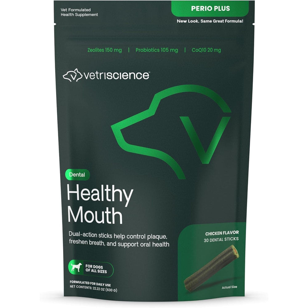 VetriScience Healthy Mouth Perio Plus Stix bottle with dual-action chews for fresher breath