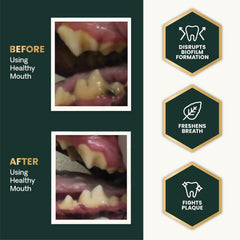 Powder sprinkled over dog food to support oral health with no brushing