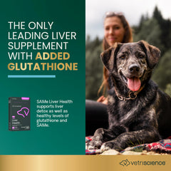 VetriScience SAMe Liver Health tablets closeup 225mg emphasizes potency and ingredients.