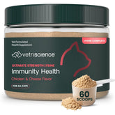 VETRISCIENCE Ultimate Strength Lysine Immunity powder in a cat bowl for immune support.