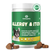 Vetriuntrix dog allergy chews bottle shows soothing skin support.