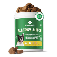 Vetriuntrix dog allergy chews bottle showing convenient daily dosing.
