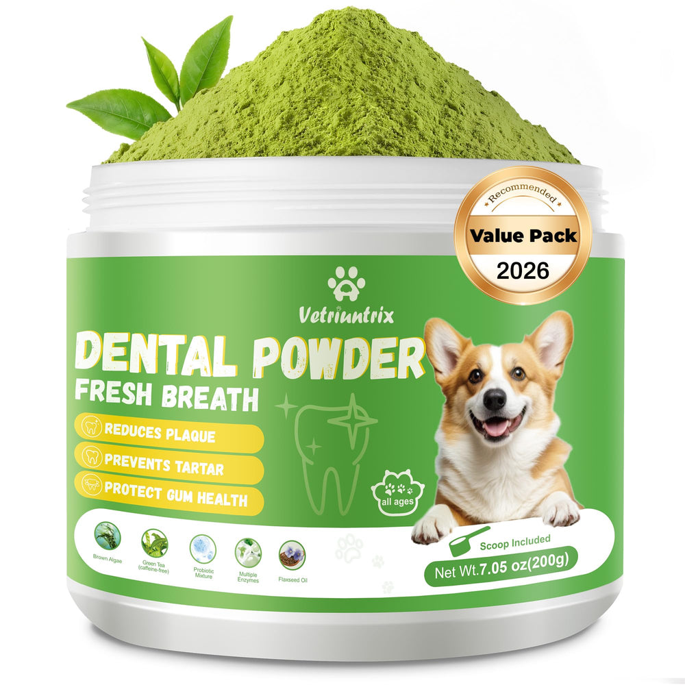 Vetriuntrix dog dental powder packaging displayed for easy at-home dental care.