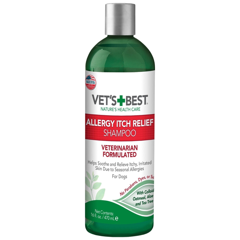 Vet's Best allergy itch relief shampoo bottle label shows natural ingredients to help itchy dog skin