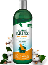 Vet's Best natural flea and tick shampoo bottle with plant-based care for pests.