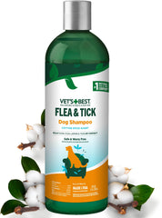 Vet's Best natural flea and tick shampoo bottle with plant-based care for pests.