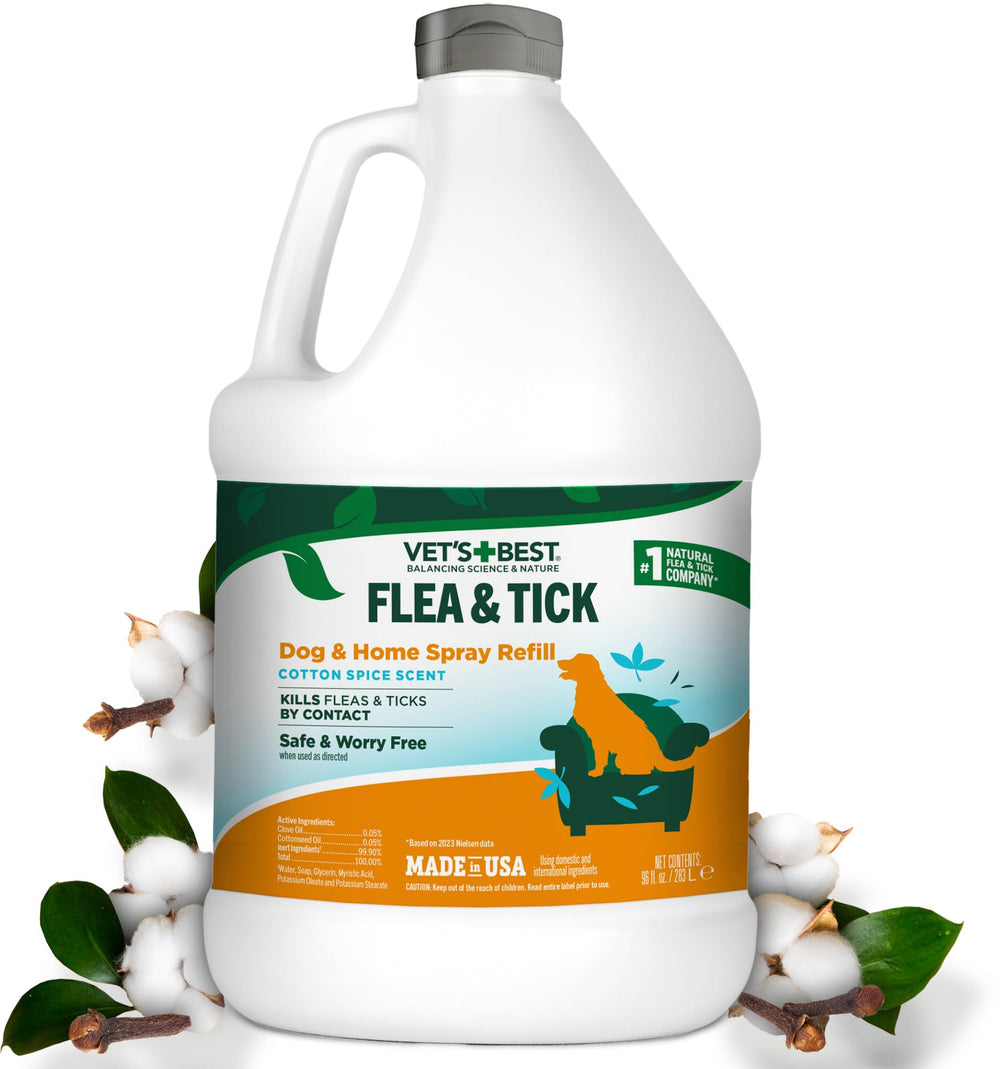 Vets Best refill bottle for dog flea and tick spray on bedding.