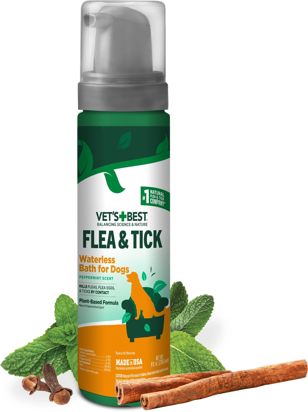 Vet's Best waterless bath bottle pouring foaming shampoo onto a dog's coat