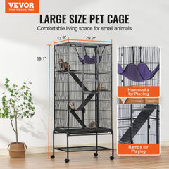 VEVOR 69-inch rolling ferret cage shows 4-tier platforms for climbing and exercise.