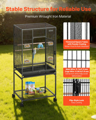 Close-up shows multiple perches and a shelf for comfort.