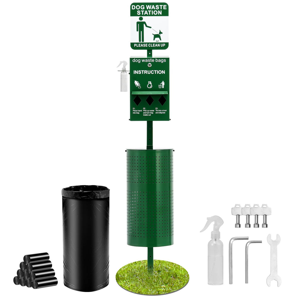 VEVOR dog waste station with hand wash bottle enables quick outdoor cleanup
