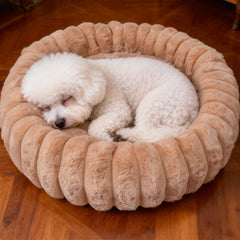 Vhen When donut bed brown front view with plush fur for comforting naps.