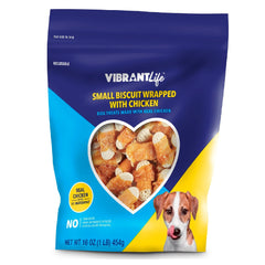 Vibrant Life small biscuit wrapped with chicken packshot showing the tasty training reward.