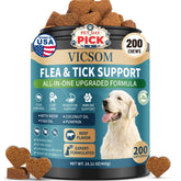 VICSOM bottle containing 200 beef-flavored dog chews for flea and tick support.
