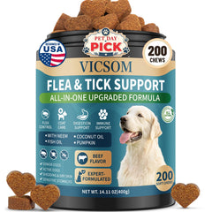 VICSOM bottle containing 200 beef-flavored dog chews for flea and tick support.