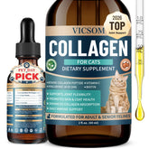 VICSOM Cat Collagen Drops bottle close-up emphasizing joint support and coat vitality.