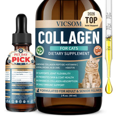 VICSOM Cat Collagen Drops bottle close-up emphasizing joint support and coat vitality.
