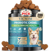 VICSOM probiotics jar label showing 200 soft chews for gut support.