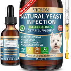 VICSOM Natural Dog Yeast bottle pour: supports easy daily dosing for gut and skin health.
