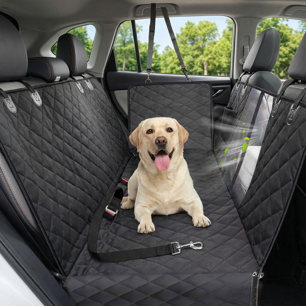 Victoper dog seat cover shows waterproof 600D fabric protecting seats on trips.