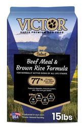 VICTOR beef meal brown rice bag highlights premium nutrition for energy and immune support.