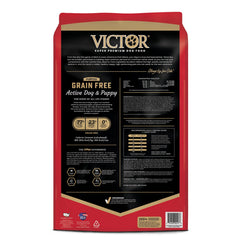 VICTOR beef pork fish meals kibble close-up emphasizing high-quality meat sources.