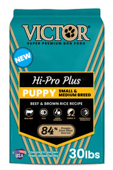 VICTOR Classic Hi-Pro puppy bag front with beef-first nutrition for lean muscles.