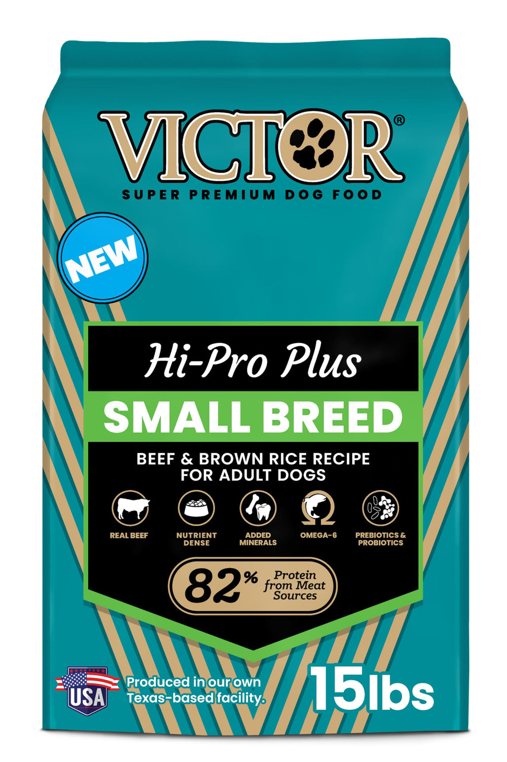 VICTOR Classic Hi-Pro Small Breed 15-lb bag shows beef-first formula for lean muscle and energy