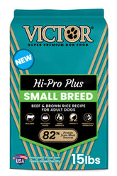 VICTOR Classic Hi-Pro Small Breed 15-lb bag shows beef-first formula for lean muscle and energy
