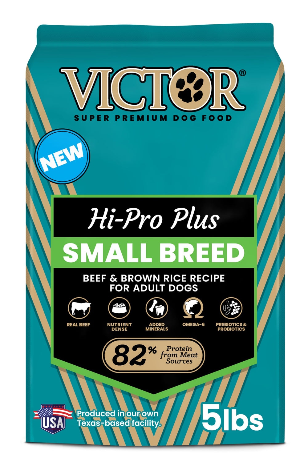 VICTOR Classic Hi-Pro Small Breed kibble in a bowl for lean muscle support.