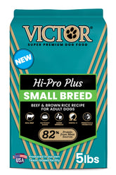 VICTOR Classic Hi-Pro Small Breed kibble in a bowl for lean muscle support.
